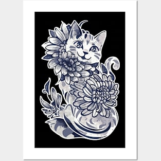 Playful Feline Amidst Floral Beauty - Monochromatic Cat Illustration Posters and Art